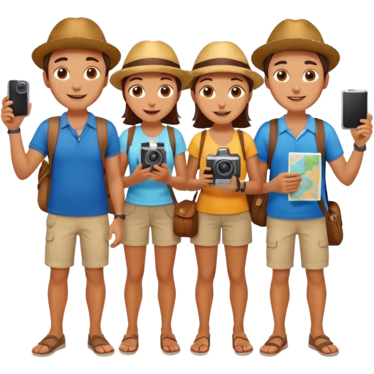 group of Italian tourists, casual clothing, holding cameras and maps, cheerful expressions emoji