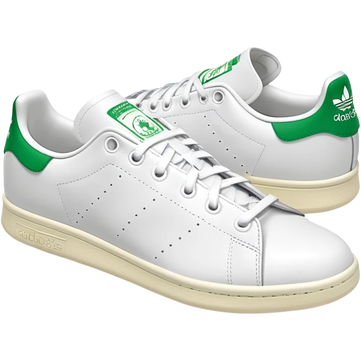 Adidas Stan Smith in white and green colorway, simple clean tennis shoe, white leather with green details, angled view, isolated emoji