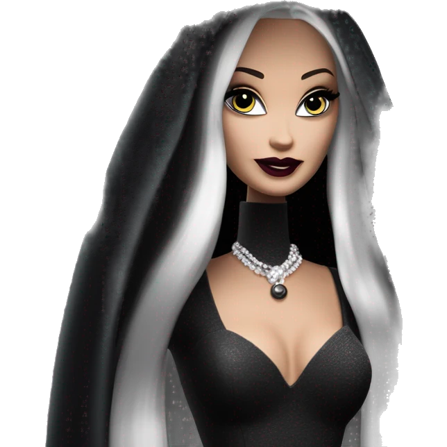 Stunning in the Spotlight Barbie, teen Morticia Addams,showing off, show full body,accessories  gloves face-veil umbrella  emoji