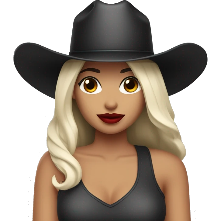 Woman with big red lips hazel eyes white skin black straight hair and a cowboy hat  emoji