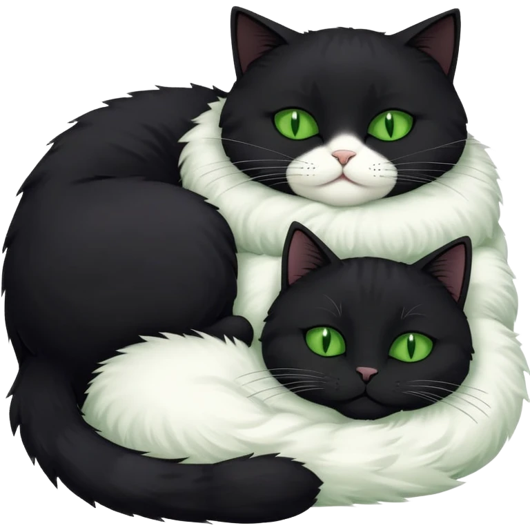 Big black cat with green eyes is sleeping with the small white cat emoji