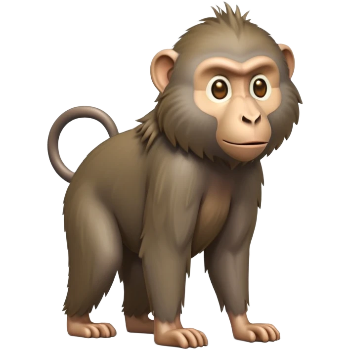 cinematic-hairy baboon-full-body-standing on all fours-emoji,-head-tilted-dramatically,-thick-grey-and-brown-fur,-simplified-yet-realistic-focused-features,-highly-detailed,-glowing-with-an-almost-sarcastic-glow expressive eyes, his top half covered in hair emoji