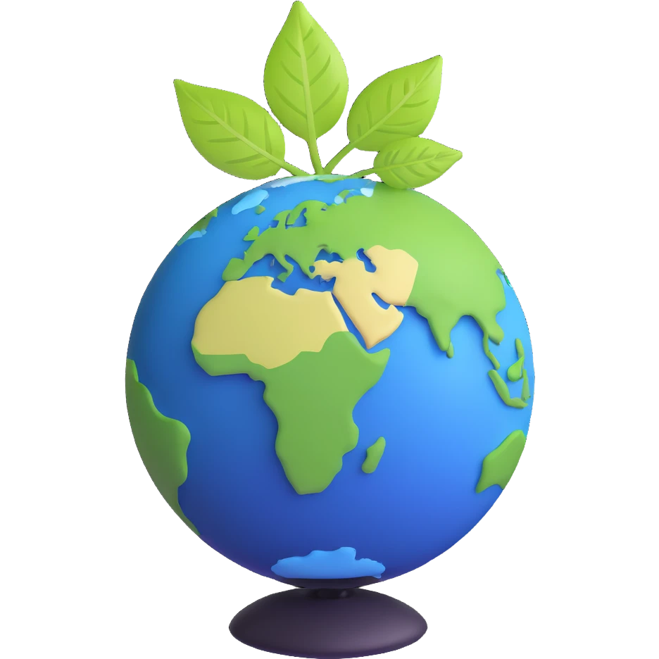 A single green leaf resting gently on top of a vibrant, round Earth globe. The focus is on the leaf and the globe with a simple background and soft natural lighting emoji