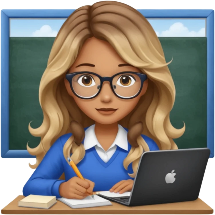 pretty female with long wavy brown hair with blonde highlights and blue eyes doing history homework  emoji
