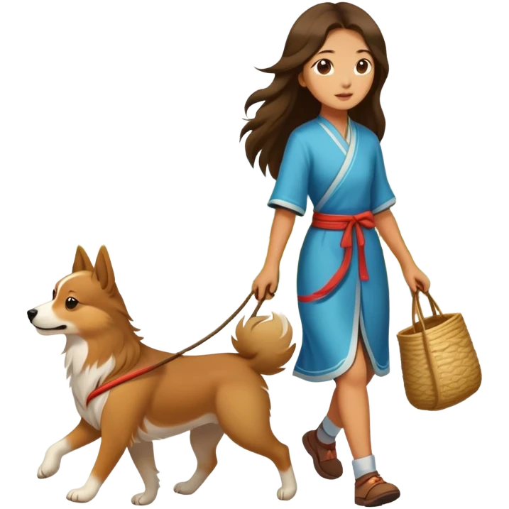A long-haired girl walking a Chinese rural dog emoji