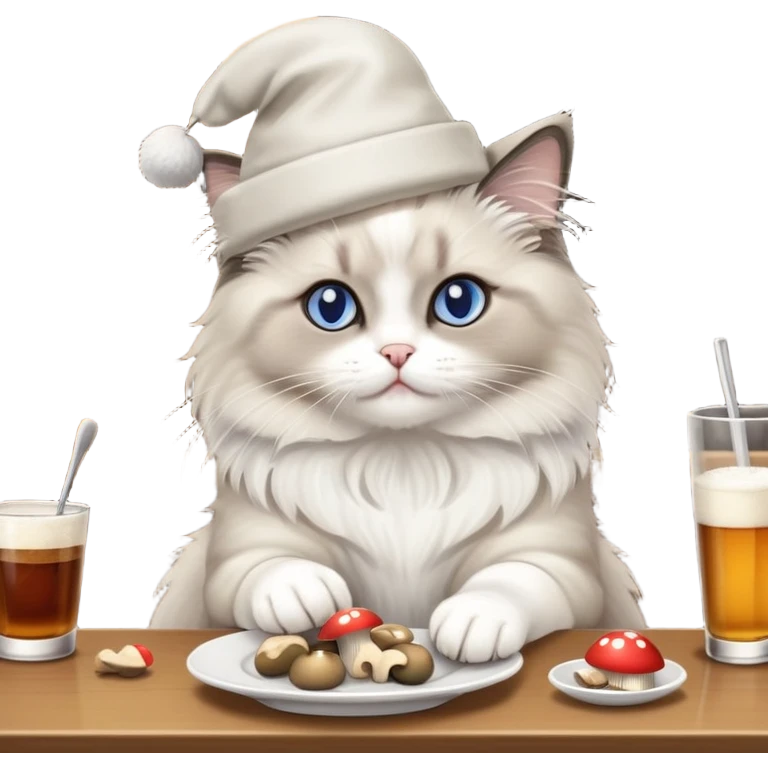A ragdoll cat eating mushrooms in a bar emoji