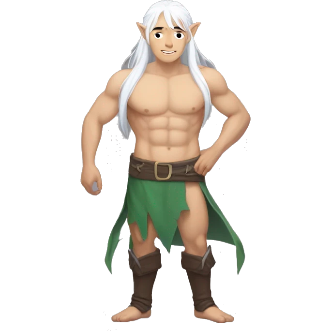 Asian masculine full body shirtless abs long white hair elf  emoji