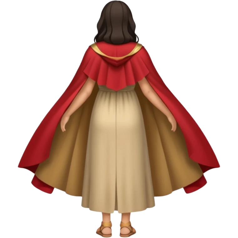 fullbody backview of Mary Magdalene, dark hair, light tan dress, cape, sandals emoji