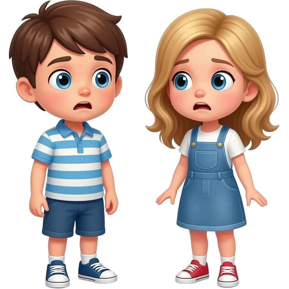 chico y chica son hermanos,se estan preguntando asustados donde estan, el chico castanyo i con pelo corto y la chica pelo suelto y un poco rubia pero castaño  y los dos tienen ojos azules son hermanos estan depie se les ve los pies emoji