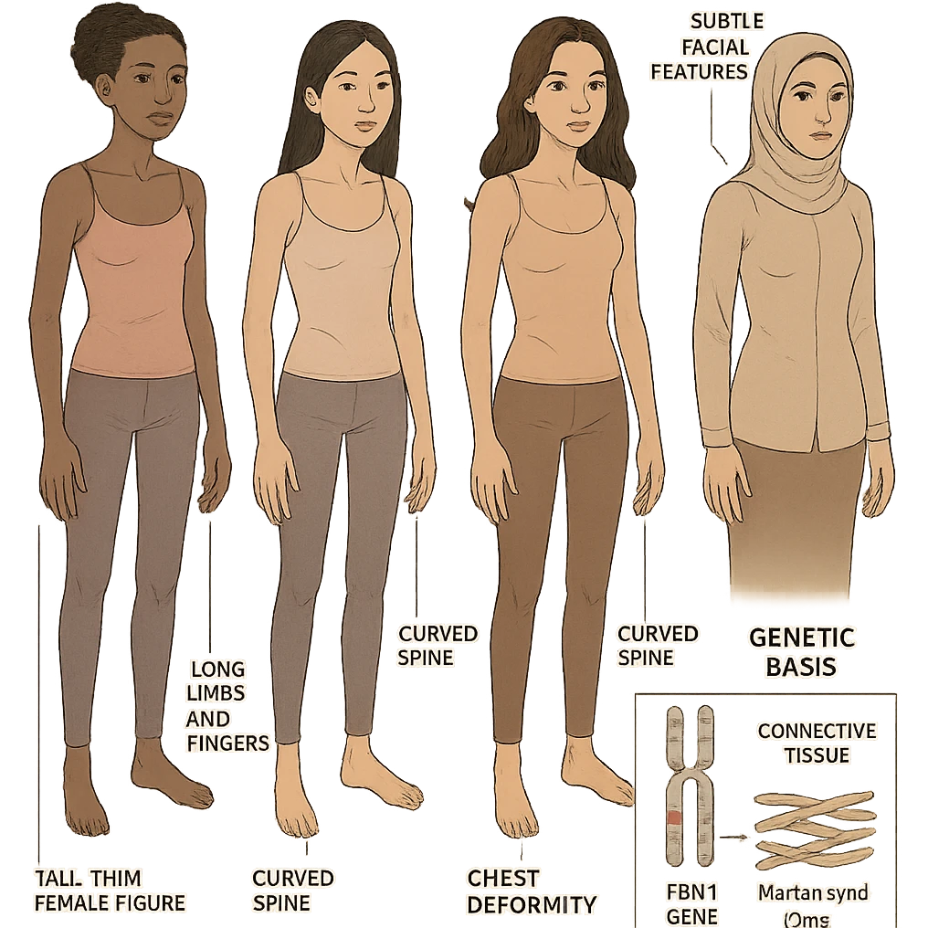 Create a scientific poster version of the image highlighting Marfan syndrome in a diverse group of women (Black, Asian, Latina, Middle Eastern). Show tall, thin female figures with long limbs and fingers, curved spine, chest deformity, and subtle facial features. Include precise anatomical labels on the figures. Add a section illustrating the genetic basis of Marfan syndrome with a labeled diagram of the FBN1 gene and its role in connective tissue, plus a brief explanatory caption. Use a clean, professional layout with a white background for optimal label readability, suitable for a scientific poster. emoji