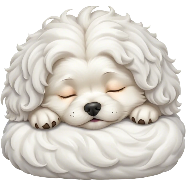 Cinematic Meme-Worthy cute Sleeping Wavy-Haired Maltese dog Portrait Emoji, Head resting peacefully with a contented smile, featuring a delightfully cute build and a luxuriously soft, wavy-haired white coat, eyes shut in a serene nap, Simplified yet hilariously adorable features, highly detailed, glowing with a soft, drowsy light, high shine, relaxed and utterly lovable, stylized with an air of playful laziness, bright and endearing, soft glowing outline, capturing the essence of a comically sleepy companion, so meme-worthy it feels like it could instantly become the next viral sensation of adorable slumber! emoji