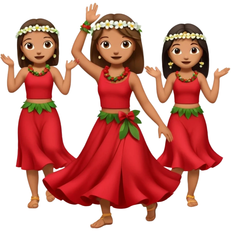 Lilo from Lilo & Stitch in a red dress with white flowers dancing hula with her friends, apple style emoji emoji