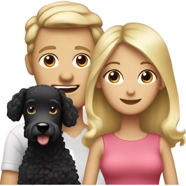 Blond mum, dad with dark hair and blond daughter with black poodle emoji