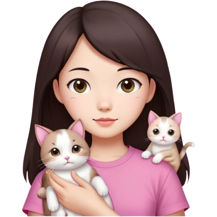 This Chinese girl has fair skin. She has long semi-short dark brown hair and is wearing a pink T-shirt. She is holding a white folded-eared cat. emoji