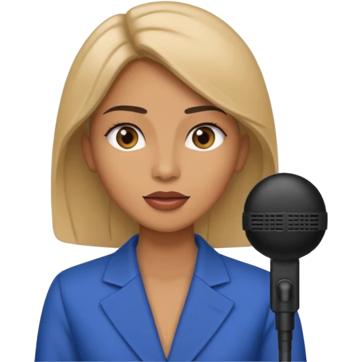 A woman speaks into a microphone, and there is a prompter screen in front of him. emoji