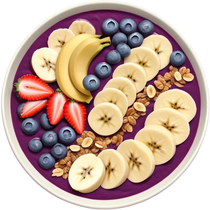 A delicious açaí bowl with a smooth, deep purple base, topped with neatly arranged banana slices, fresh strawberries, blueberries, and granola. The bowl is simple and modern, with a clean, flat illustration style. No shadows or gradients, perfect for a minimal and modern aesthetic. emoji