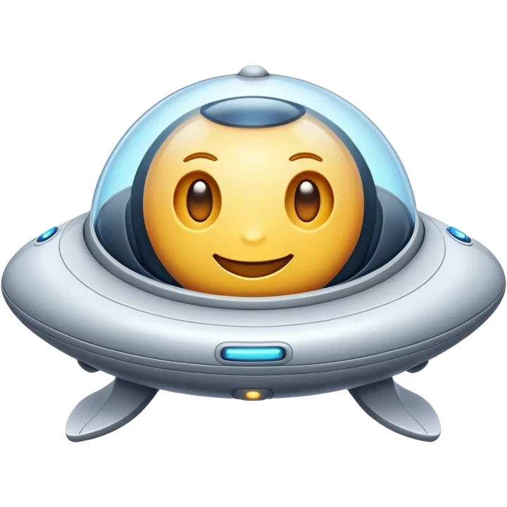 Design a simple, friendly spaceship with a smooth, rounded shape. Add a clear 'face' on the front using glowing lights for eyes and a curved line for a smile, giving it personality. Use a plain background to keep the focus on the ship emoji