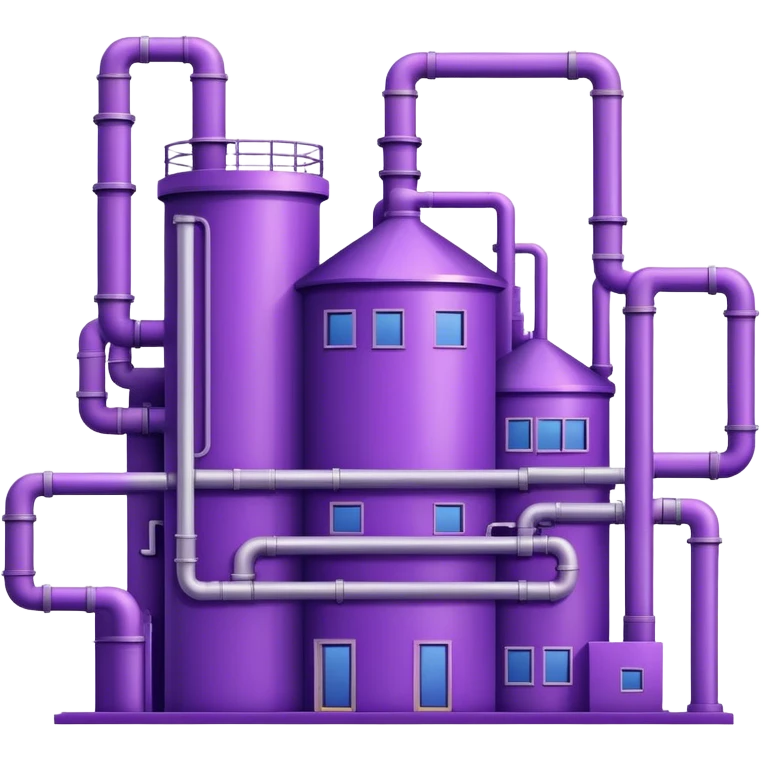 Minimalistic factory building in purple and violet tones, with pipes, emoji
