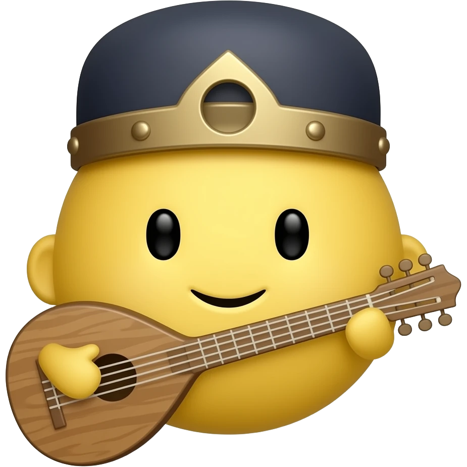 verry round yellow face emoji with a "medieval bard hat" and a "medieval bard instrument", "no arms nor hands" emoji