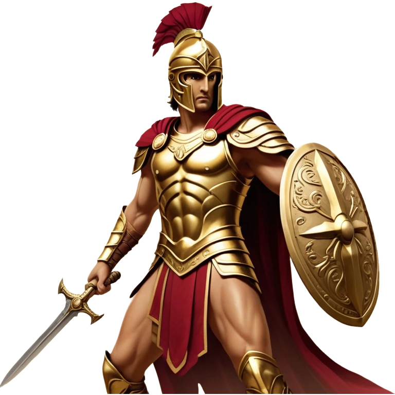 Cinematic-realistic Achilles, the unstoppable Greek warrior, standing fearlessly on the battlefield of Troy. His golden armor gleams under the scorching sun, each intricate engraving telling tales of his past glories. His piercing gaze locks onto his foe, his grip tightening around his ornate bronze sword as his crimson cape billows behind him. The dust swirls at his feet, the echoes of clashing weapons and distant war cries surrounding him, the essence of an immortal legend in motion. emoji