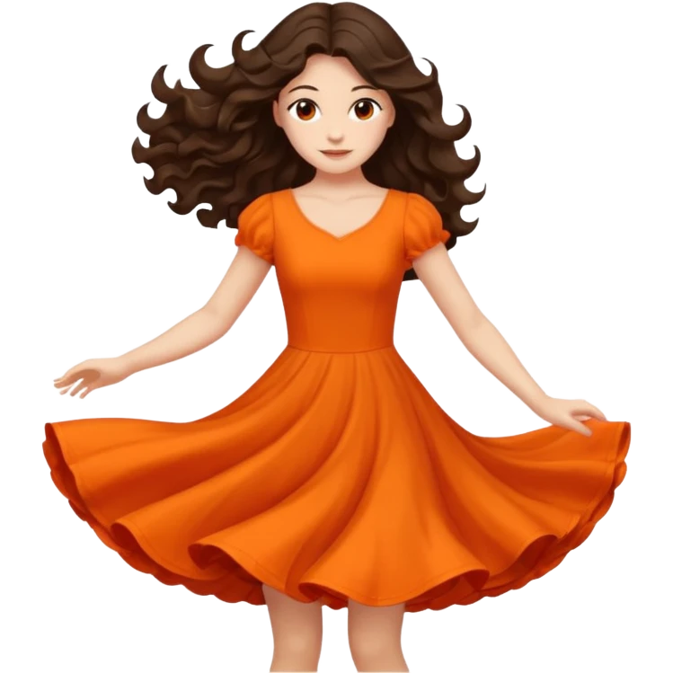 Long dark wavy hair women in orange standing spinning twirling around emoji