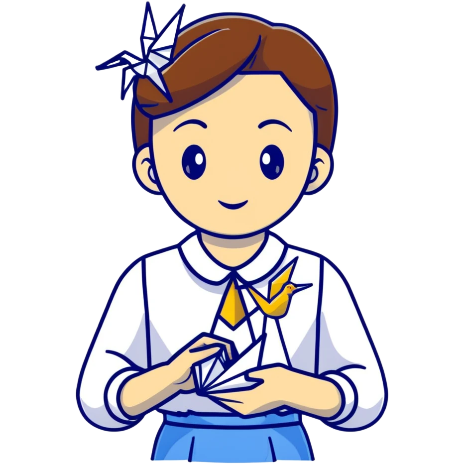 A Ukrainian young girl wearing a white embroidered shirt holds an origami yellow-blue crane emoji