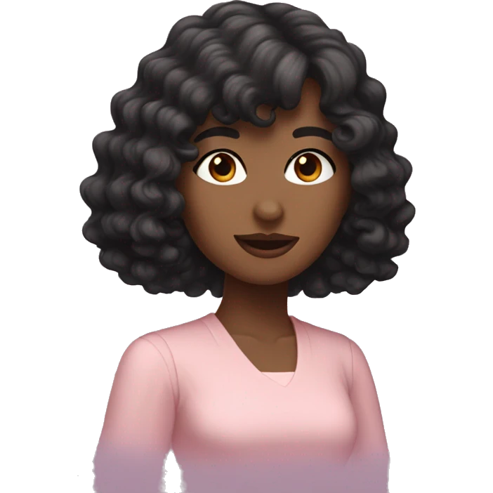 White woman with long black curly hair and bangs and dark brown eyes, wearing a pastel pink dress emoji