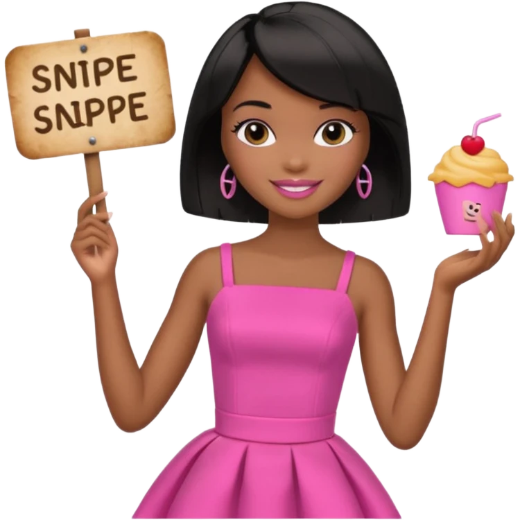 Black barbie, short  black bob  hair, pink dress eating with a sign that says snipe emoji