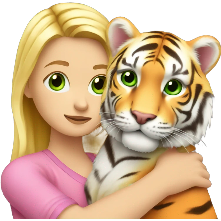 A blonde white girl with green eyes in pink hugs an orange tiger emoji