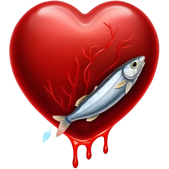 Glowing pieces of liver, red meat, and sardines floating around a red blood cell that shines brightly like a torch. Streams of light connect the blood cell to a heart and muscles, showing how heme iron creates energy and vitality throughout the body. emoji