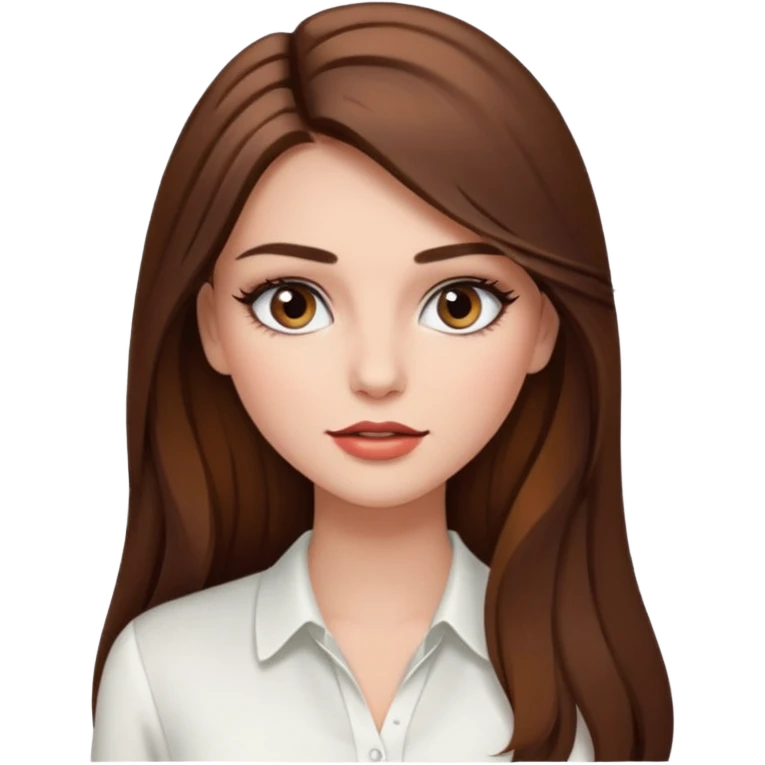 stylish girl, long brown hair, white blouse, long lashes, beautiful emoji