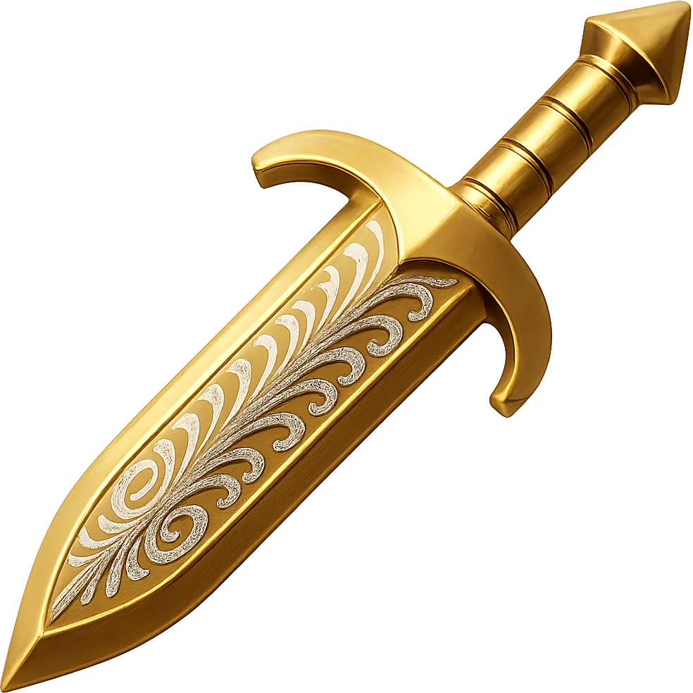 Recolor this weapon to a plated gold color with ornate engravings inlaid with silver. The gold should be rich and metallic, and the engravings should have a bright, reflective silver finish. Transparent background. emoji