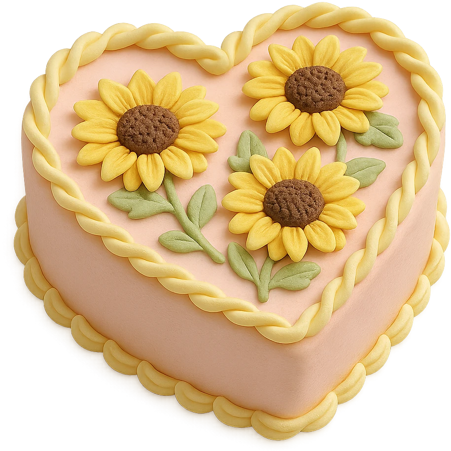 heart-shaped fondant cake with piped sunflowers emoji