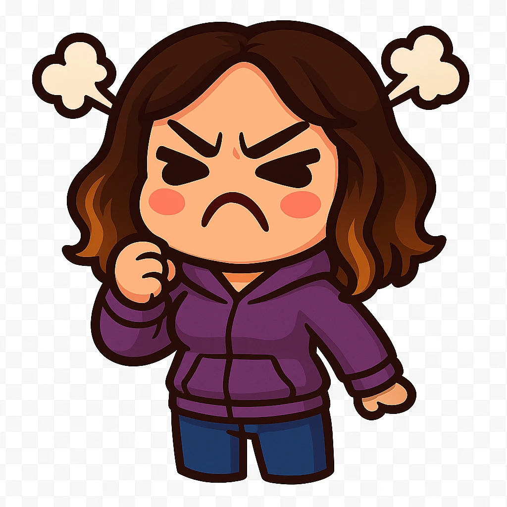 Sticker style chibi emote, matching the attached green heart emote as a base, but with a slightly skinnier body and a bigger chest. Woman from reference, purple hoodie and blue jeans, angry with steam puffs, cute angry face, no headband, no wand, transparent background. Top color should not match jeans. emoji