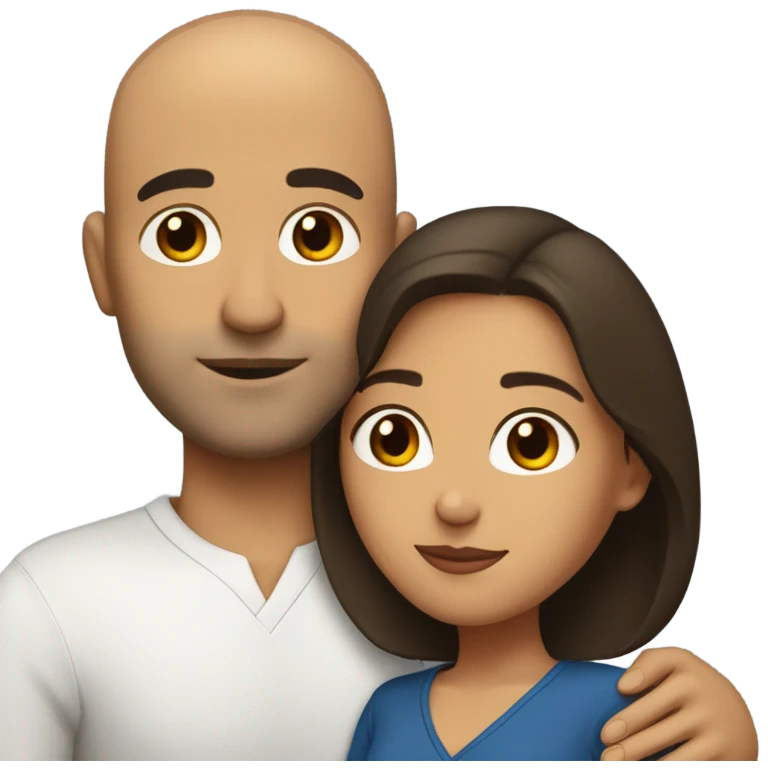 Comforting hug from brunette Puerto Rican with dark brown eyes to shorter bald male emoji