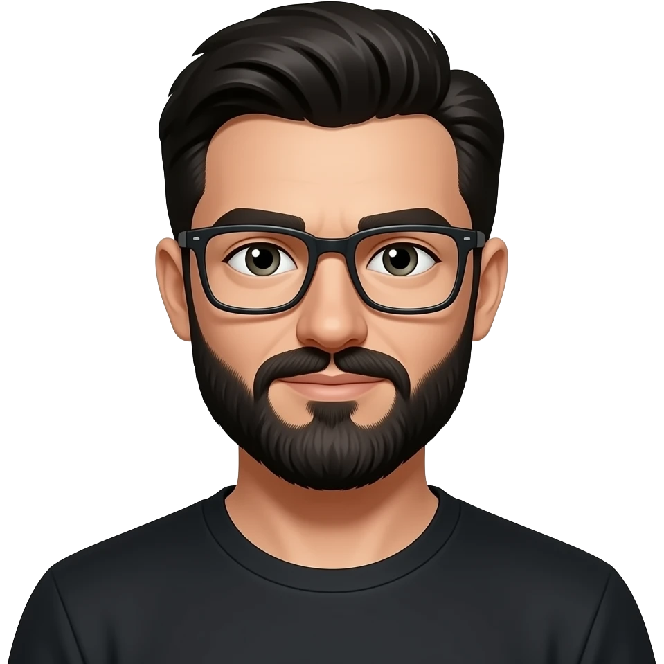 black hair, white skin, black beard, with squar glasses, white eyes, black tee shirt emoji