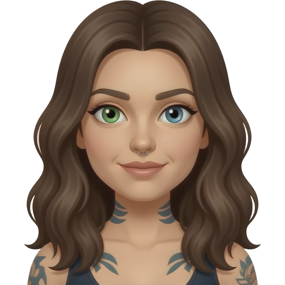 white skinned long wavy haired brunette woman with one green eye one blue eye tattoos a philtrum piercing and a thin streak of grey hair emoji