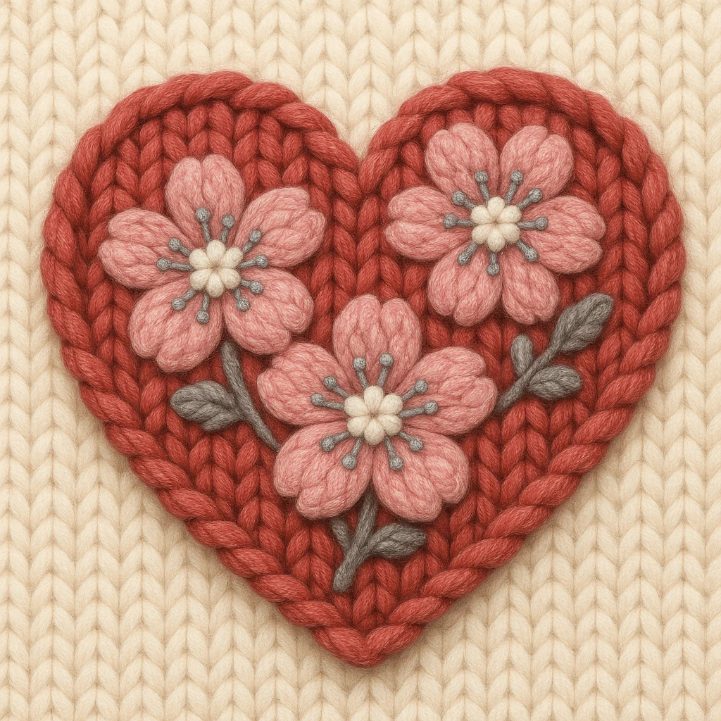 heart with sakura flowers and silver accents, knitted patch style emoji