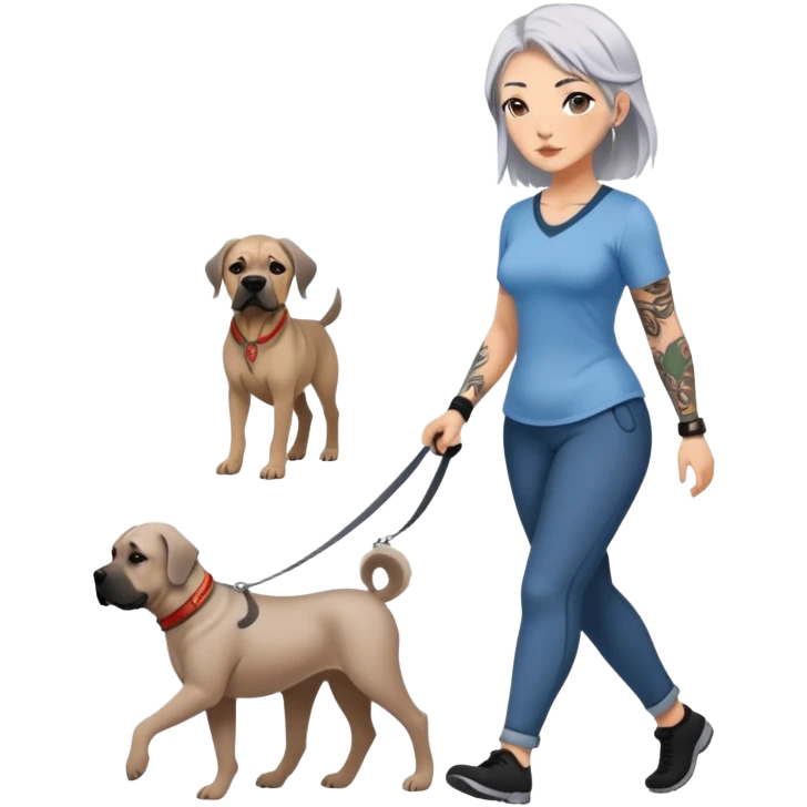 Women with silver hair tattoos and avatars walking fawn English Mastiff dog emoji