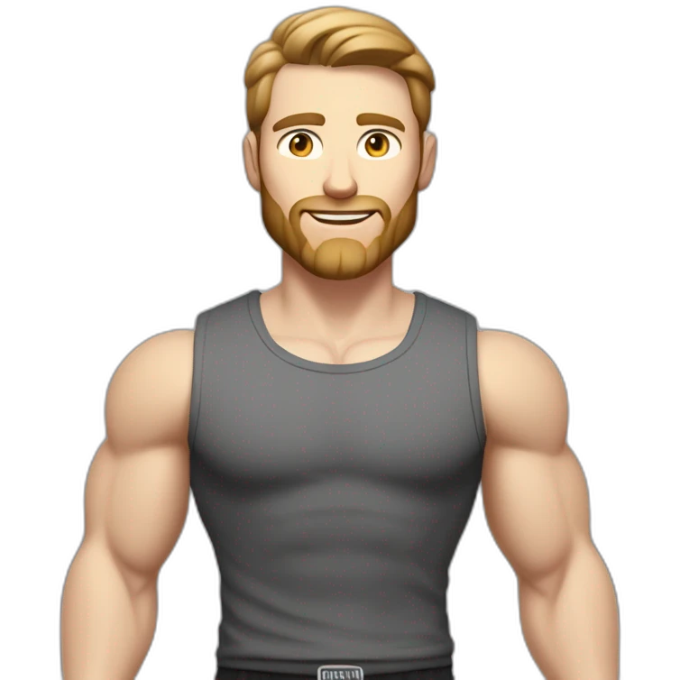 Full height Pale skinned fit man With biceps, Realistic eyes and mouth, light brown hair and stubble In dark gray sleeveless mike, black oversize sports shorts, watch and white sneakers. emoji
