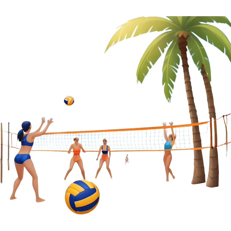 A volleyball resting on the orange sand of a beach, with a volleyball net in the background. The scene includes a beautiful beach landscape with blue sea, sky, and palm trees, while a couple of women in swimsuits play in the distance, capturing the relaxed yet competitive vibe of beach volleyball. emoji