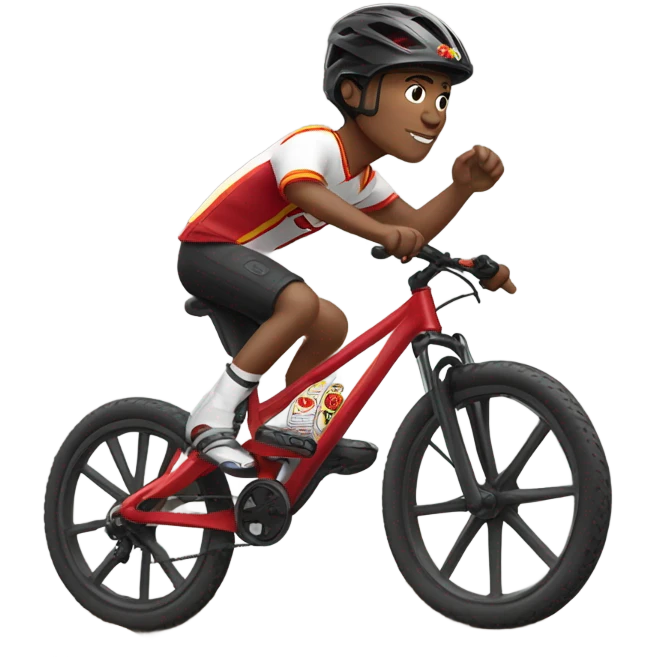 Fair skinned boy in Kansas city chiefs fan clothes riding black mountain bike emoji