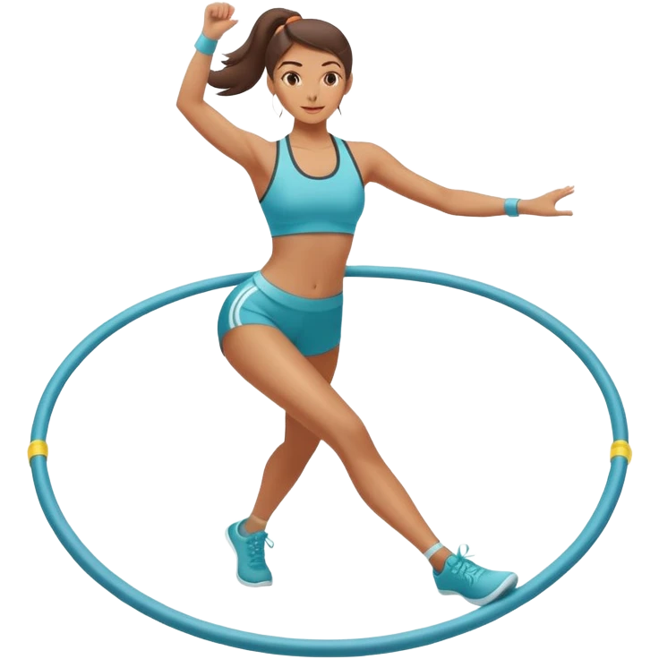 A female athlete performing aerobics exercises with a hula hoop on an exercise mat. She is focused and in motion, with a vibrant, energetic atmosphere. The background is minimalistic, highlighting the fluidity and coordination of the workout. emoji