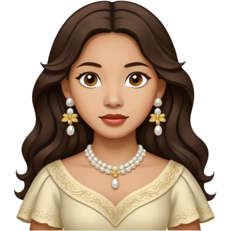 Tan Filipino woman with dark brown eyes and long dark wavy hair parted in the middle wearing a traditional filipiniana and white pearl stud earrings and no other jewelry emoji