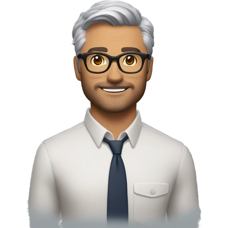 Memoji of Andrew Huberman Silver fox, tortoiseshell glasses, crisp button-downs, muscular emoji