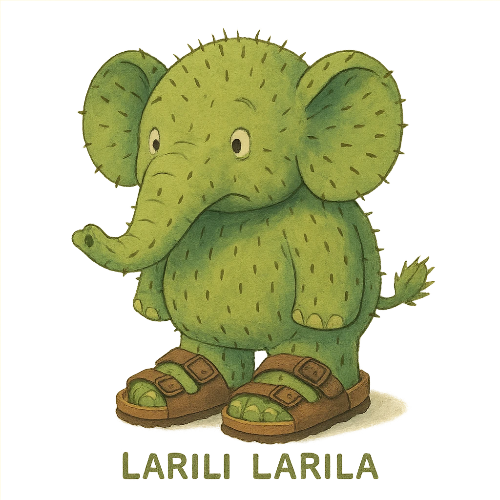 Larili Larila, cactus-skinned elephant with big Birkenstock sandals emoji