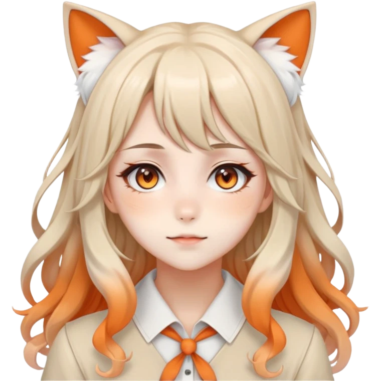 Beautiful gorgeous pretty anime lady, round ocelot ears, nekomimi, kemonomimi, long wavy whitish-beige-hair with gradient-orange tips emoji