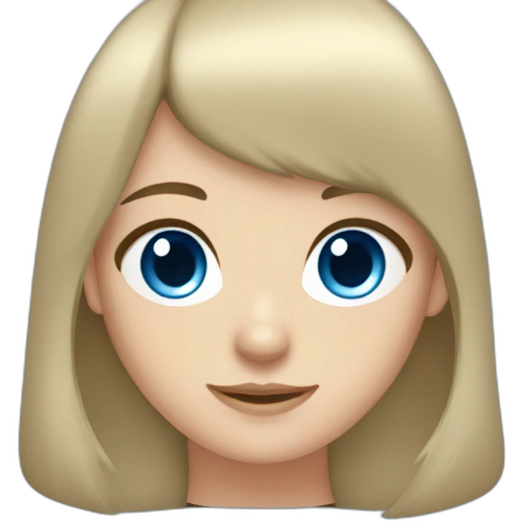 girl with long dark brown hair, thick bangs, blue eyes, red school uniform emoji