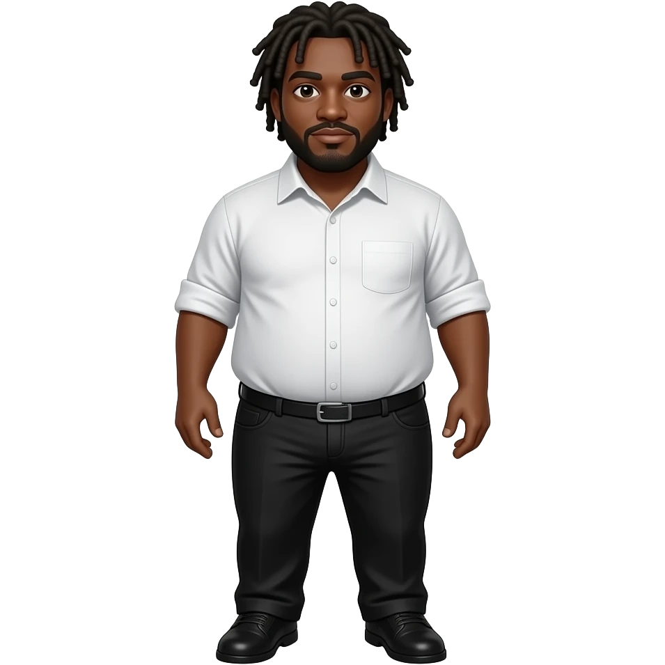 Fat black man wearing black pants  and white shirt and have a Douglas and have a dread hairstyle standing emoji like 🧍 but chubby make it able to put it in keyboard emoji