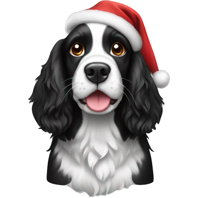 Black and white springer spaniel dog with Christmas hat emoji
